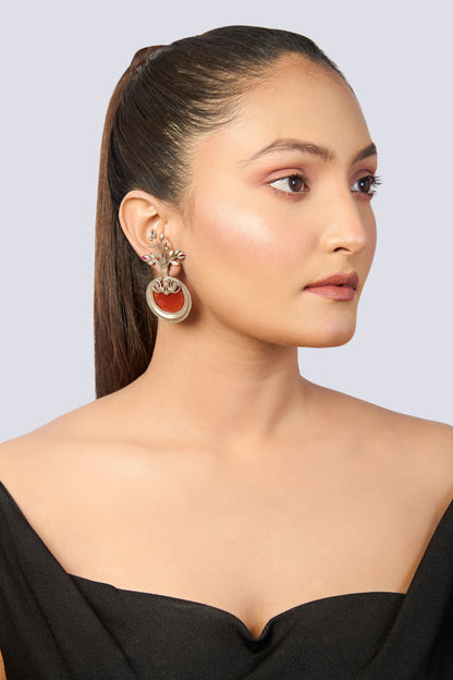 Oxidized Silver Carnelian Stone Stud Earrings with Floral Motif
