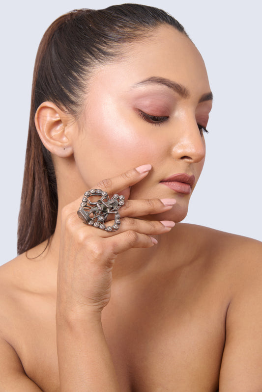 Oxidized Silver Adjustable Nataraja Ring with Intricate Detail