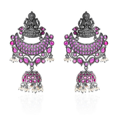 Oxidized Silver Pink Stone Lakshmi Jhumka Earrings
