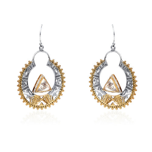 Dual-Tone Openwork Hook Earrings with Triangular Stone