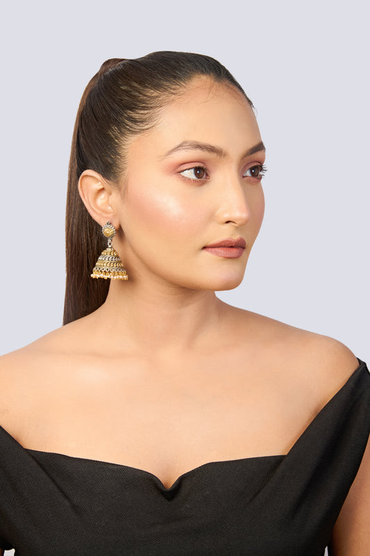 Traditional Dual-Tone Jhumka Earrings with Pearl Drops