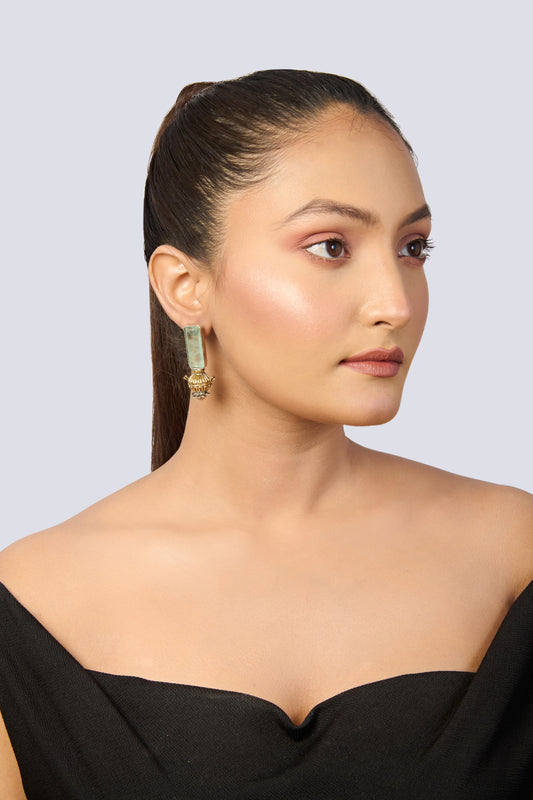 Dual-Tone Green Stone & Urn Drop Earrings