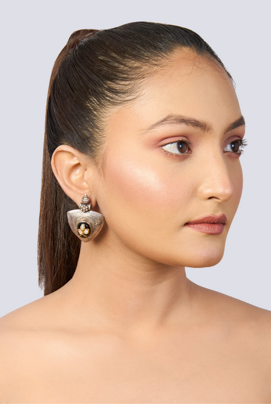 Oxidized Silver Shield Stud Earrings with Black Stone and Golden Leaf Accents