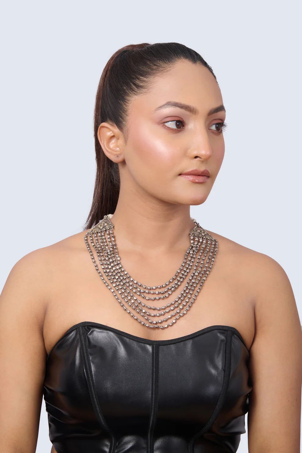 Amaris Silver Tone Cascading Bib Necklace with Triangular Elements