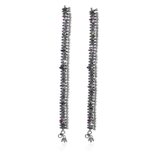 Intricate Silver Green-Red Floral Drop Anklet