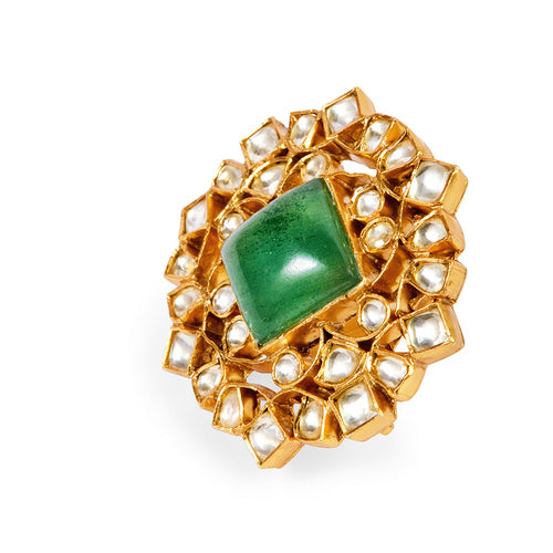 Gold-Toned Adjustable Kundan Ring with Square Emerald and Polki Diamonds