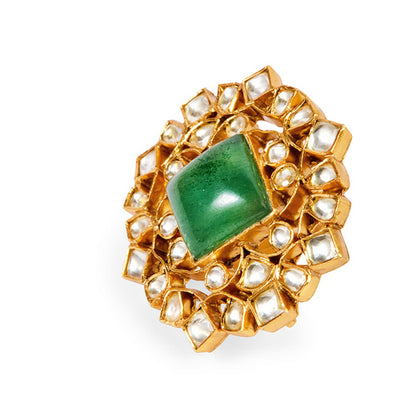 Gold-Toned Adjustable Kundan Ring with Square Emerald and Polki Diamonds