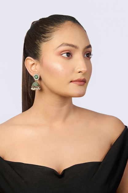 Oxidized Silver Jhumka Earrings with Green & White Stones
