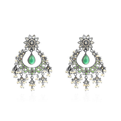 Oxidized Silver Chandbali Earrings with Green Enamel, Kundan Top, and Pearl Drops