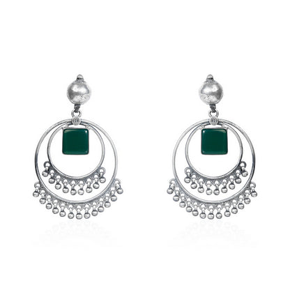Oxidized Silver Green Stone Hoop Dangle Earrings with Bead Drops