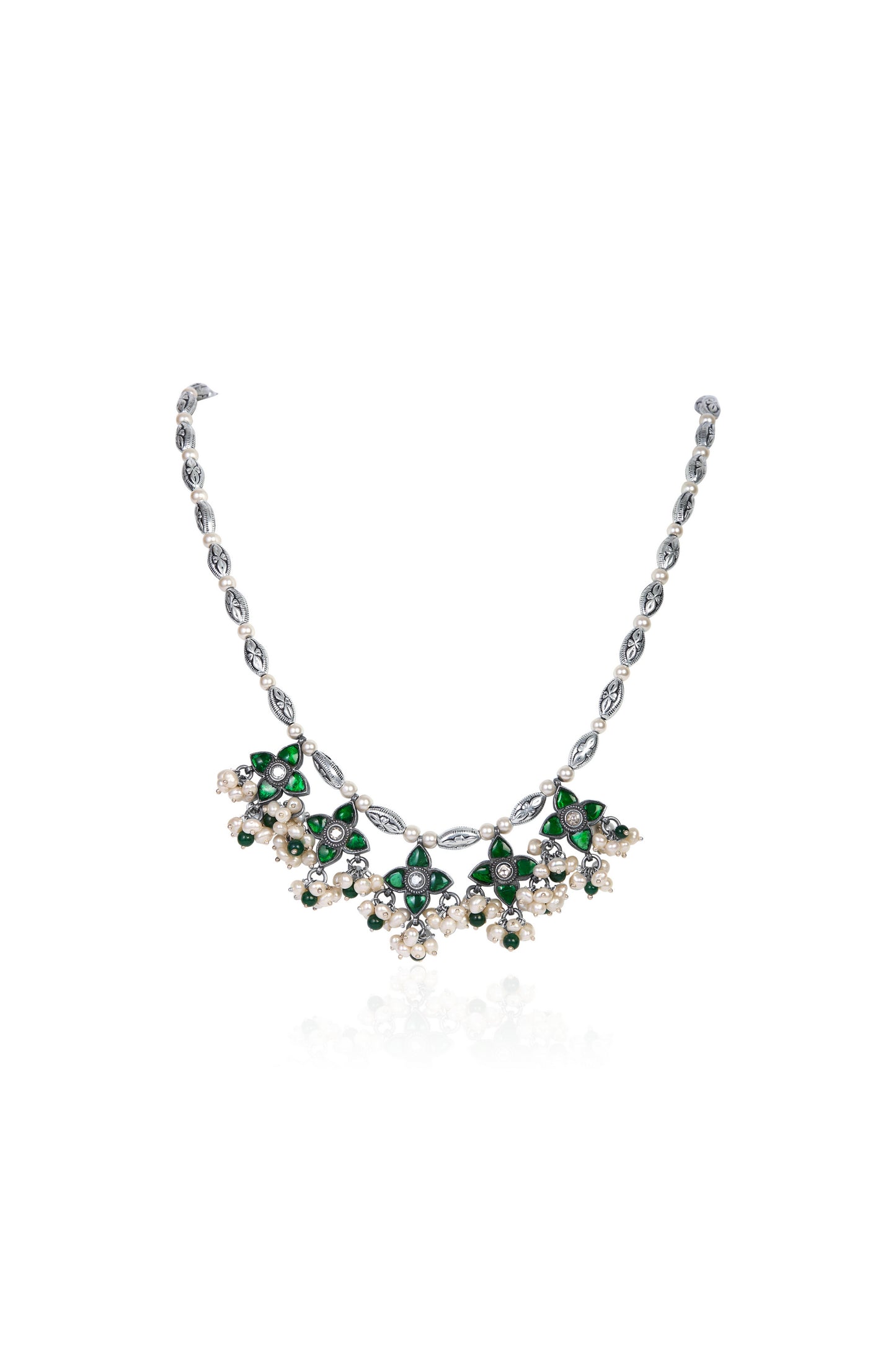 Delicate Silver Necklace with Emerald Floral Elements and White Pearl Drops