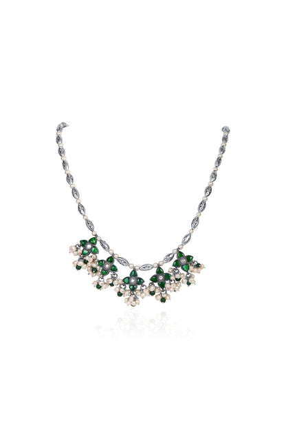 Delicate Silver Necklace with Emerald Floral Elements and White Pearl Drops