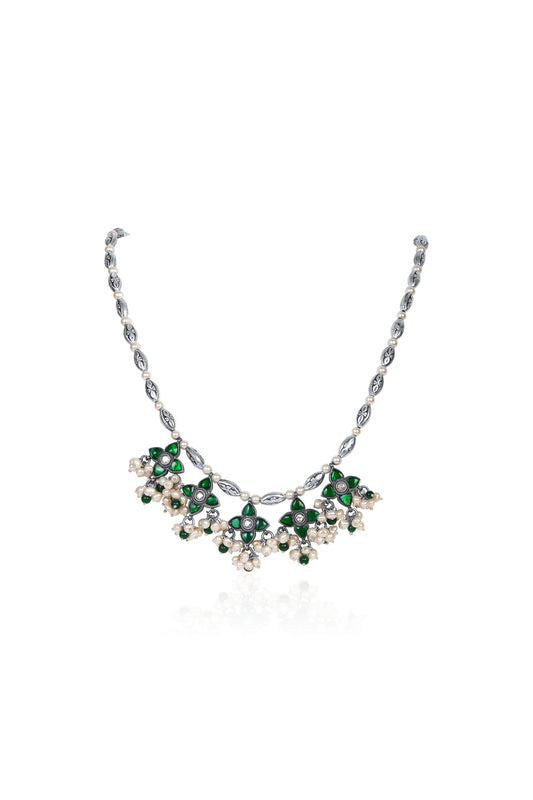 Delicate Silver Necklace with Emerald Floral Elements and White Pearl Drops