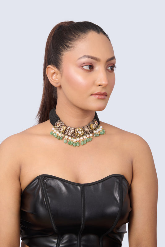 Black Woven Choker with Elephant Motifs, Emeralds, Pearls, and Gold Accents