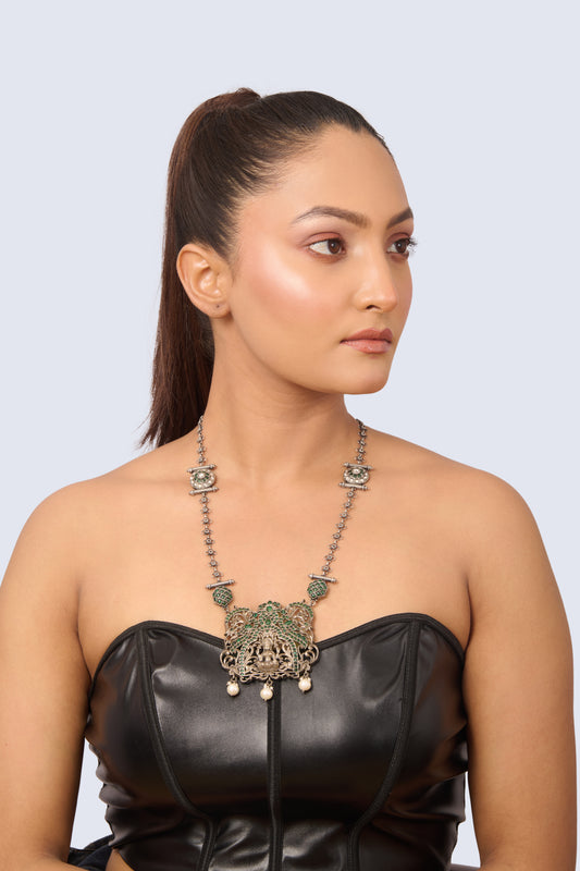 Silver Tone Long Necklace with Green Gemstone and Pearl Ornate Pendant