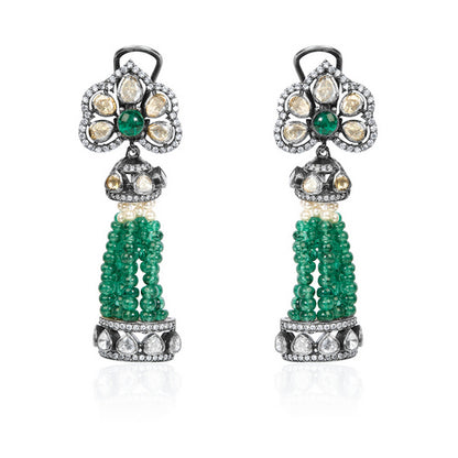 Heritage Emerald Silver Earrings with Uncut Sparkle and Flowing Green Gem Tassels