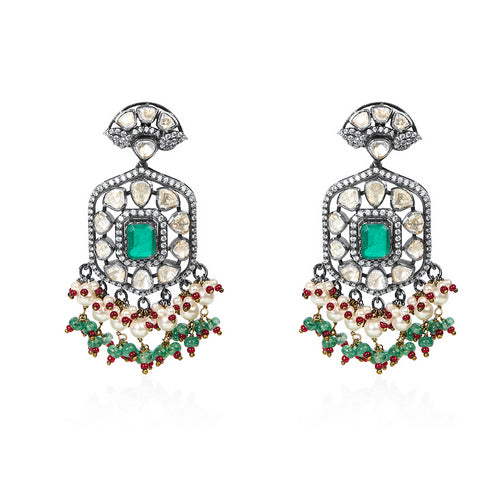 Oxidized Silver Polki Earrings with Central Emerald and Dangling Pearl, Green, and Red Beads