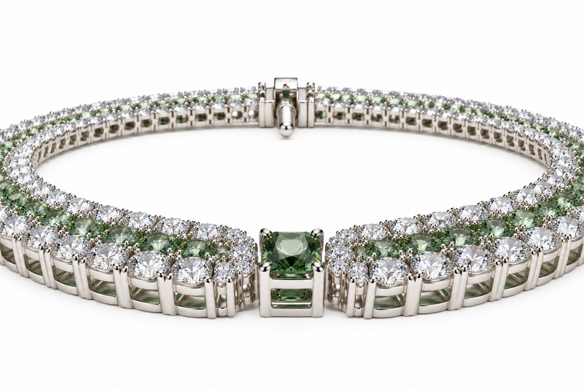 925 Silver Emerald Cut Green Stone & CZ Collar Necklace Set