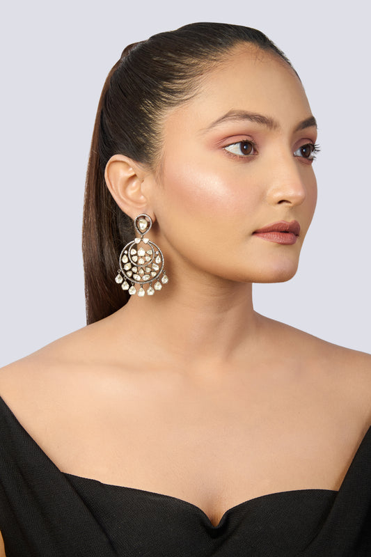 Oxidized Silver Uncut Polki & Rose Cut Diamond Chandbali Earrings