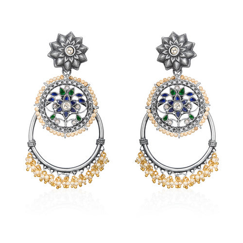 Oxidized Silver Meenakari Dangle Earrings with Pearl & Floral Design