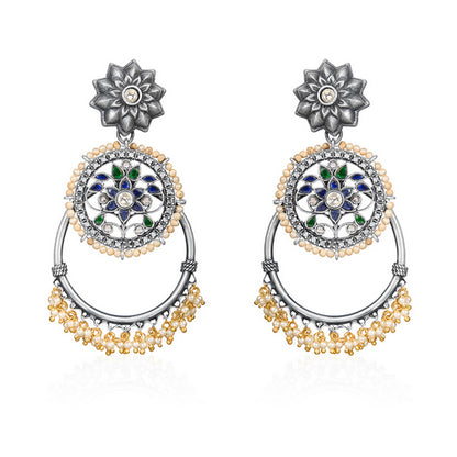 Oxidized Silver Meenakari Dangle Earrings with Pearl & Floral Design