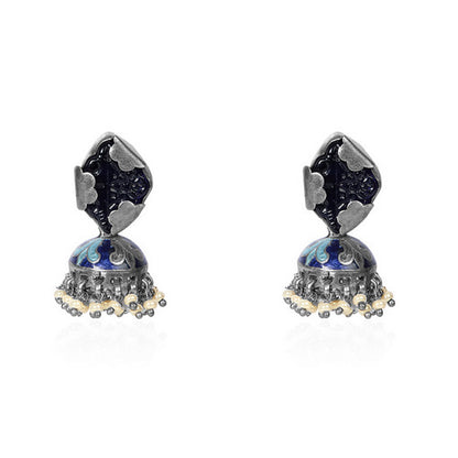 Oxidized Silver & Blue Enamel Jhumka Earrings with Pearl Drops