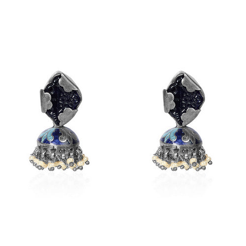 Oxidized Silver & Blue Enamel Jhumka Earrings with Pearl Drops