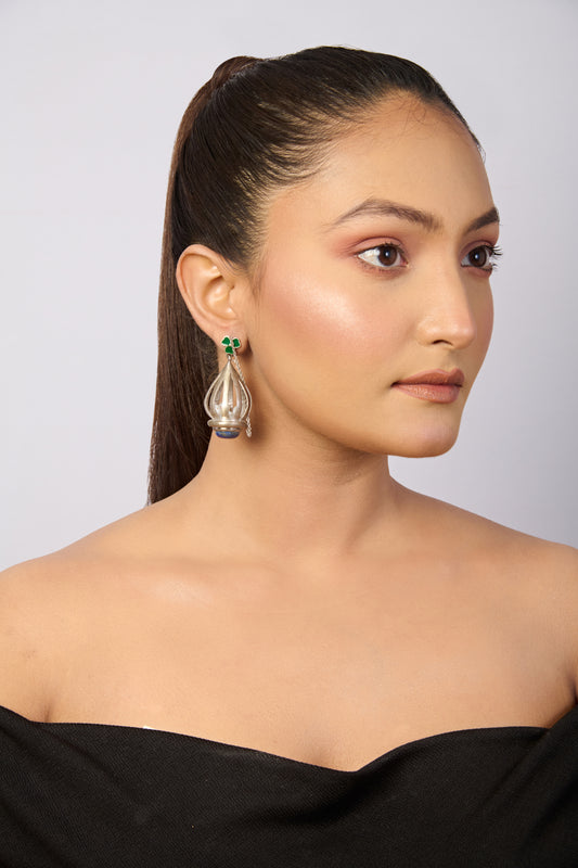 Silver-Tone Teardrop Cage Earrings with Pearls & Green Enamel