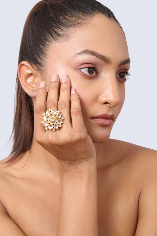 Gold-Toned Adjustable Kundan Ring with Floral Polki Diamond Cluster