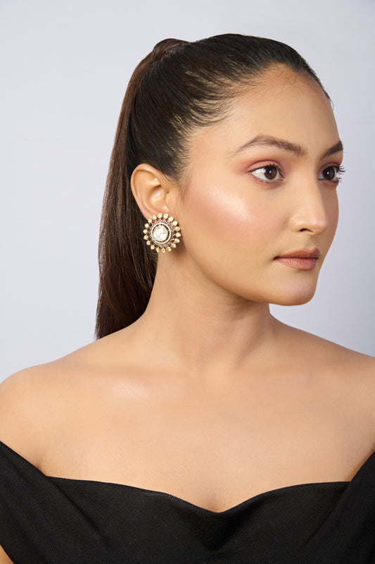 Women's Ethnic Silver Earrings with White CZ Center and Uncut Polki Petals