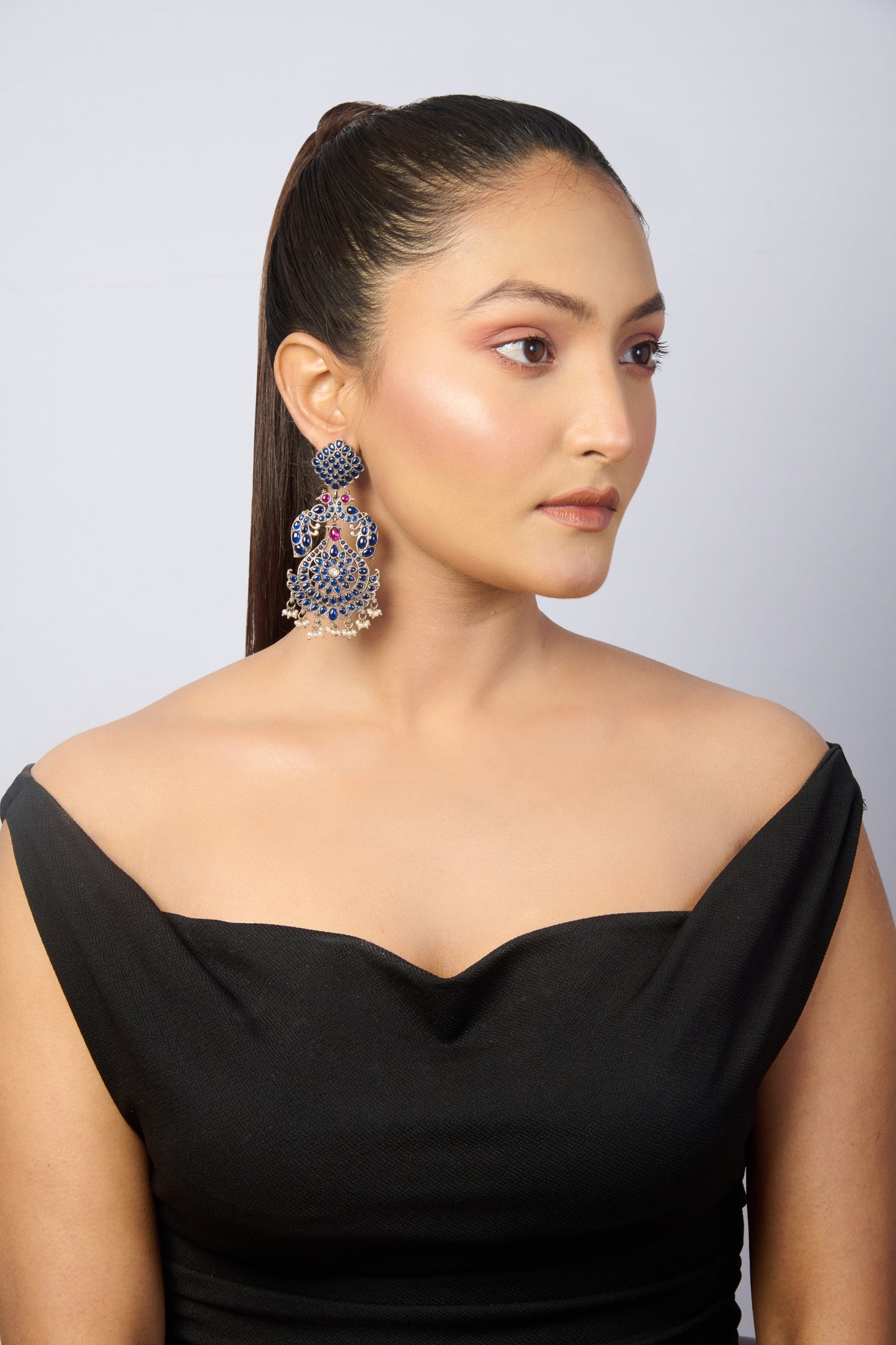 Traditional Indian Oxidized Silver Earrings with Floral Blue Enamel, Pink Gem Highlights, and Pearl Tassels