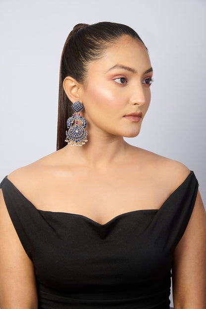 Traditional Indian Oxidized Silver Earrings with Floral Blue Enamel, Pink Gem Highlights, and Pearl Tassels