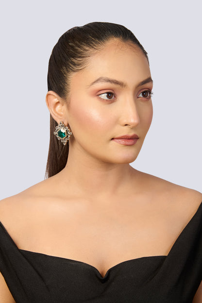 Oxidized Silver Stud Earrings with Hexagonal Emerald and Black Onyx Halo