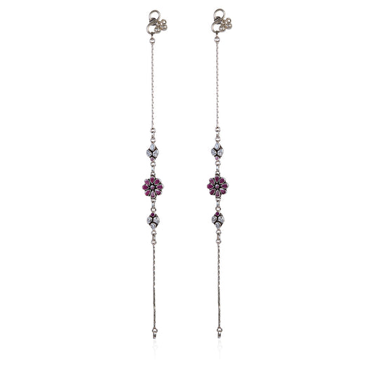 Elegant Long Silver Anklet with Floral Ruby & CZ Embellishments