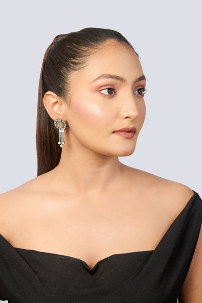 Oxidized Silver Coin Design Dangle Earrings with Sparkling Stones and Chain Drops