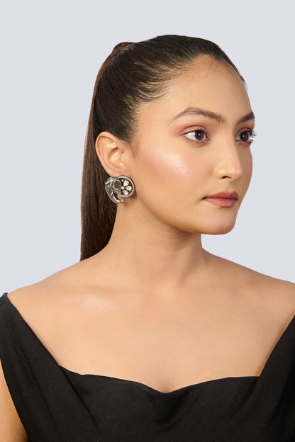 Women's Ethnic Silver Earrings with Detailed Elephant Head and Mixed Gem Accents