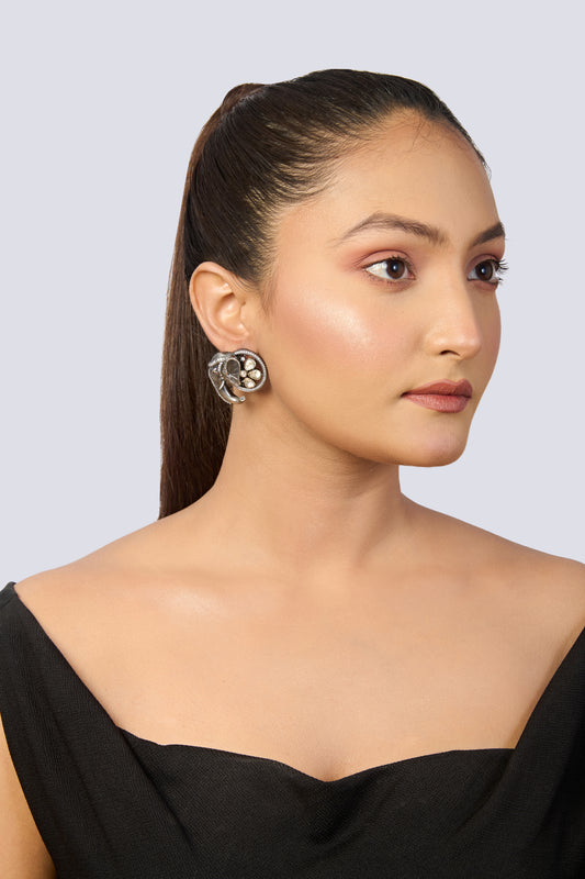 Women's Ethnic Silver Earrings with Detailed Elephant Head and Mixed Gem Accents