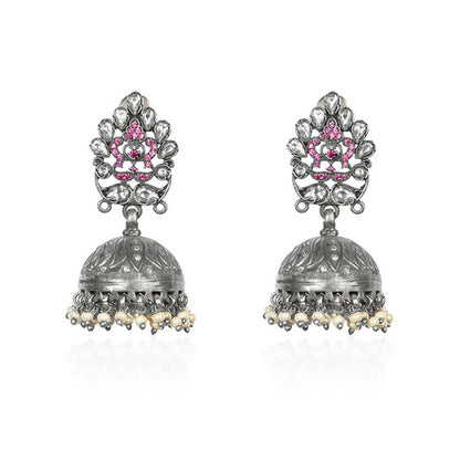 Oxidized Silver Jhumka Earrings with Pink & White Stones