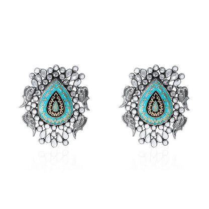 Oxidized Silver Meenakari Stud Earrings with Turquoise Teardrop & White Stones