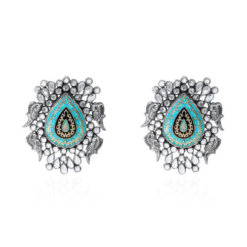 Oxidized Silver Meenakari Stud Earrings with Turquoise Teardrop & White Stones