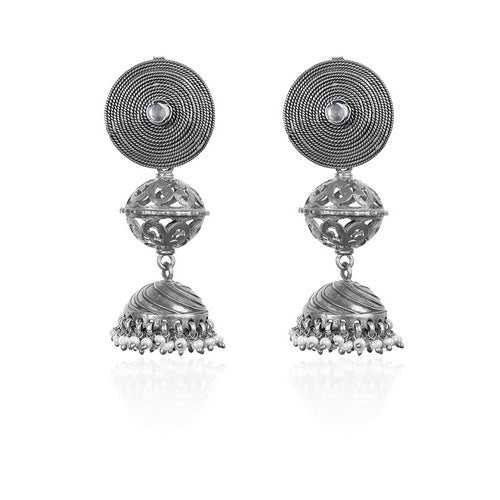 Oxidized Silver Jhumka Earrings with Pearl Drops