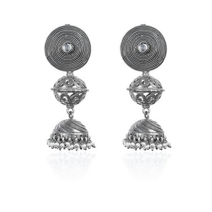 Oxidized Silver Jhumka Earrings with Pearl Drops