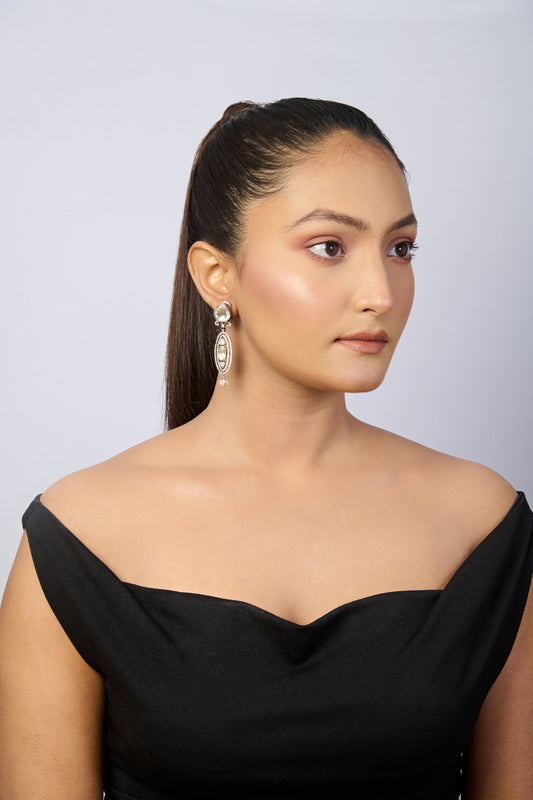 Oxidized Silver Dangle Earrings with Faceted White Top, Polki Diamonds, and Pearl Drop