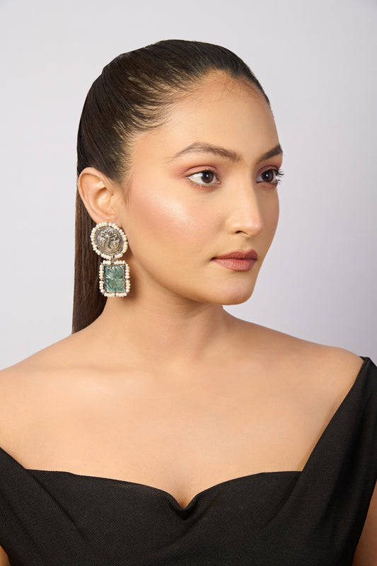 Traditional Indian Oxidized Silver Earrings with Peacock Pendant, Carved Green Drop, and Pearl Trim