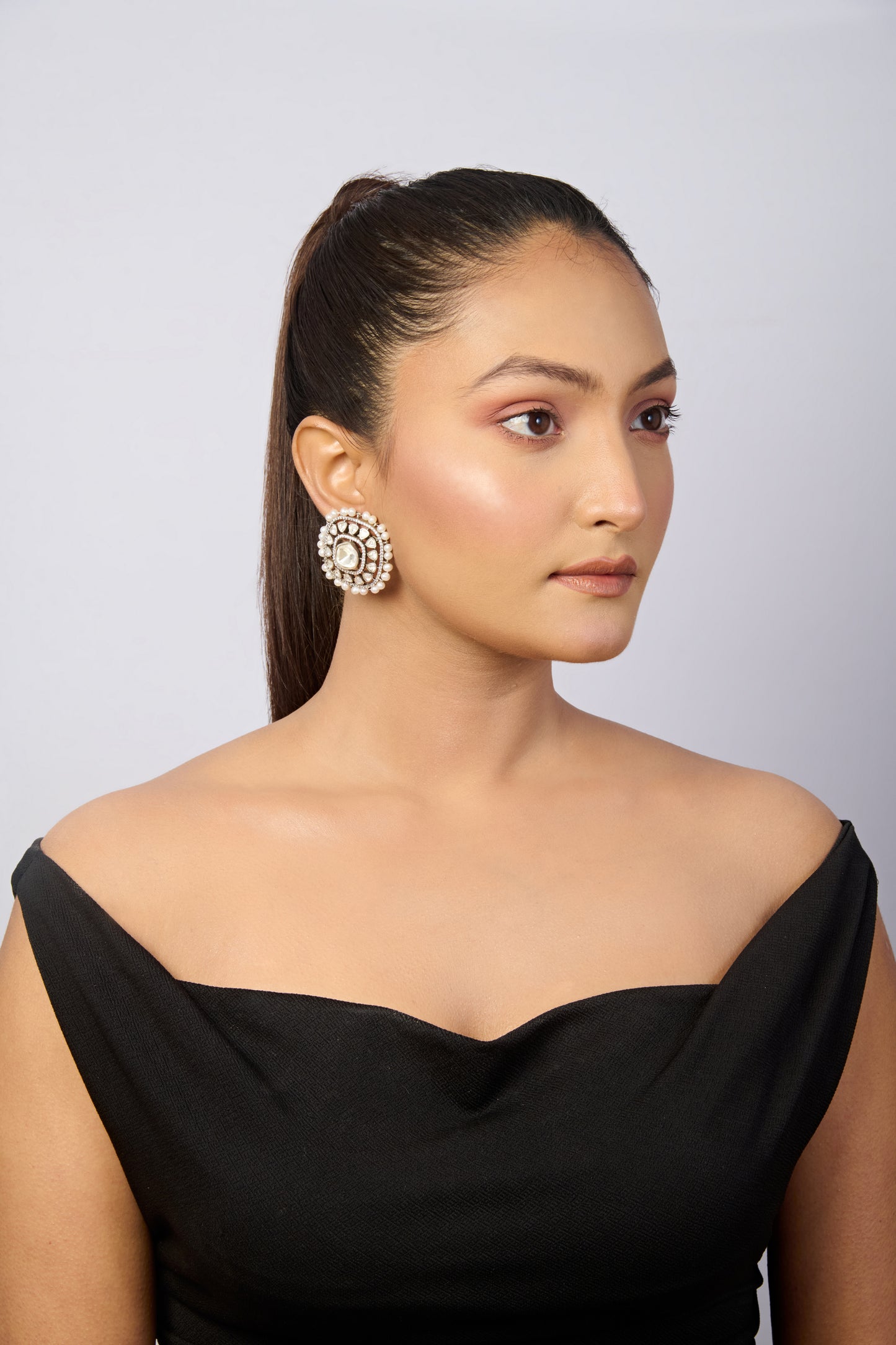 Women's Ethnic Silver Earrings with White CZ Center, Uncut Polki, and Delicate Pearl Edge