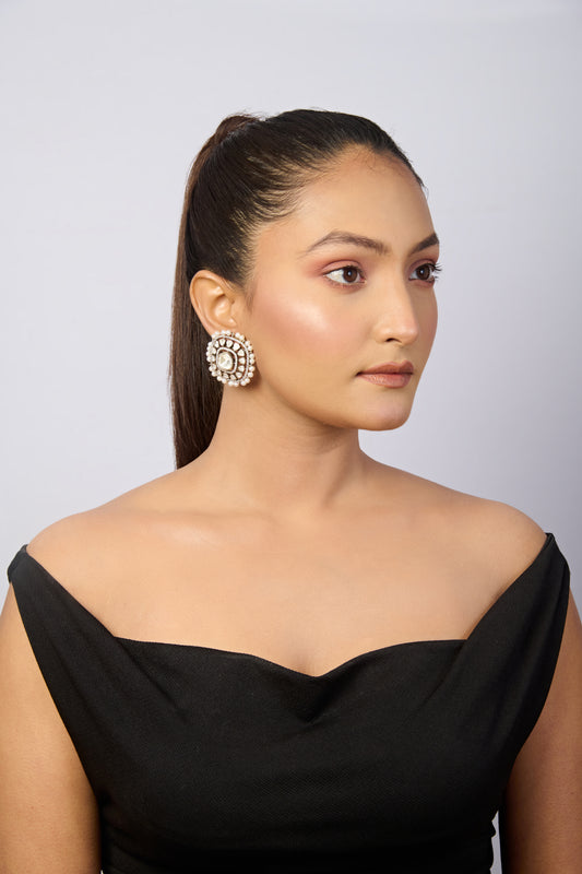 Women's Ethnic Silver Earrings with White CZ Center, Uncut Polki, and Delicate Pearl Edge