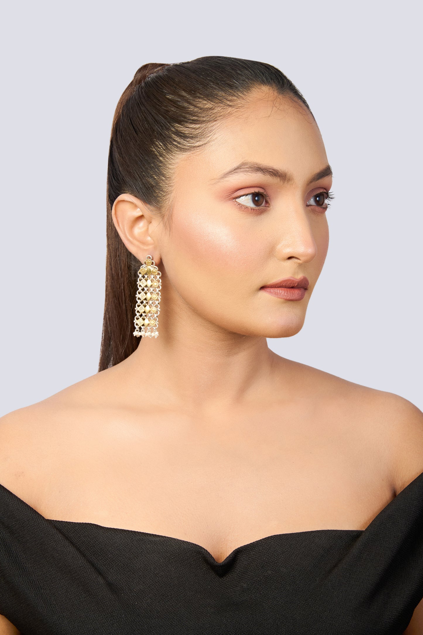 Women's Ethnic Two-Tone Earrings with Intricate Chain Design, Gold Shapes, and Dangling Pearls