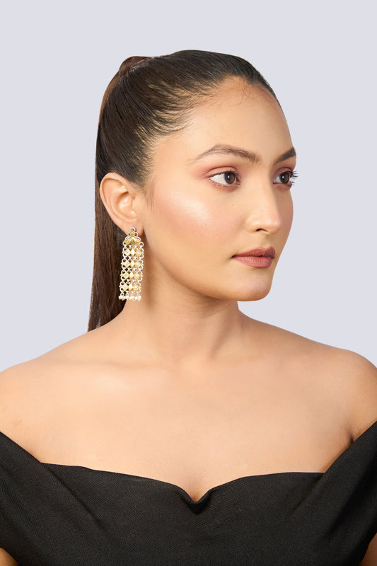 Women's Ethnic Two-Tone Earrings with Intricate Chain Design, Gold Shapes, and Dangling Pearls