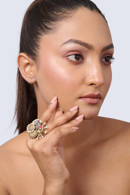Women's Statement Silver-Toned Ring with Kundan Style Gold, Seed Pearls, Ruby, Emerald