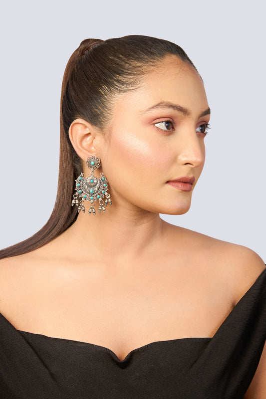 Oxidized Silver Turquoise Chandbali Earrings with Ghungroo Dangles